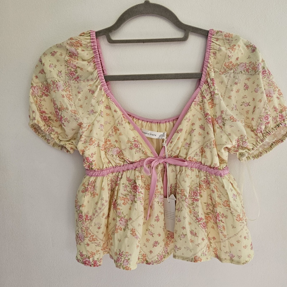 New XS Altar'd State Floral Puff Sleeve Babydoll Top Yellow V Neck Empire Waist